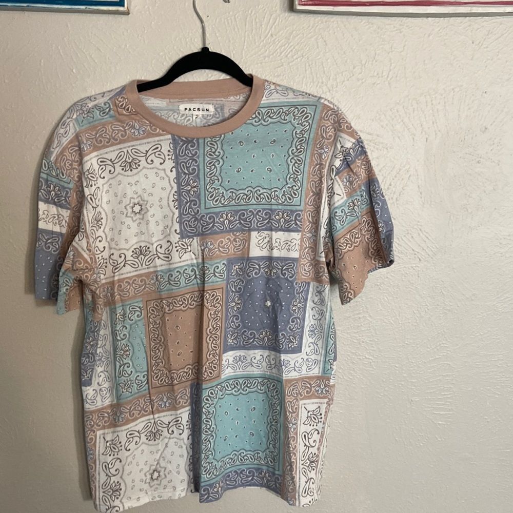 PacSun Pastel Bandana Patchwork Short Sleeve Tee - Blue, Tan, White
